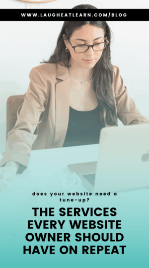 A pin with a woman at a desk that says, "The services every website owner should have on repeat."