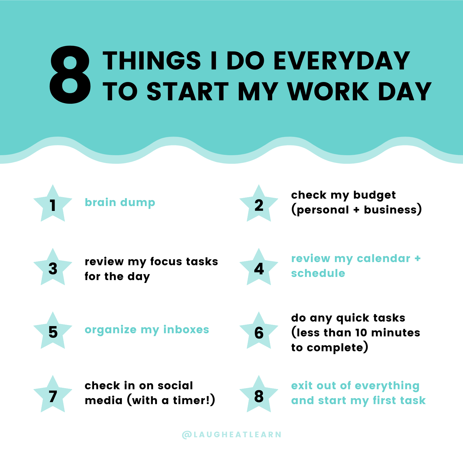 Over the years, I've worked really hard on creating a system or order of events that works best for to start my workday. This helps me setup for success and helps me ease into the day versus just jumping right in to tasks.