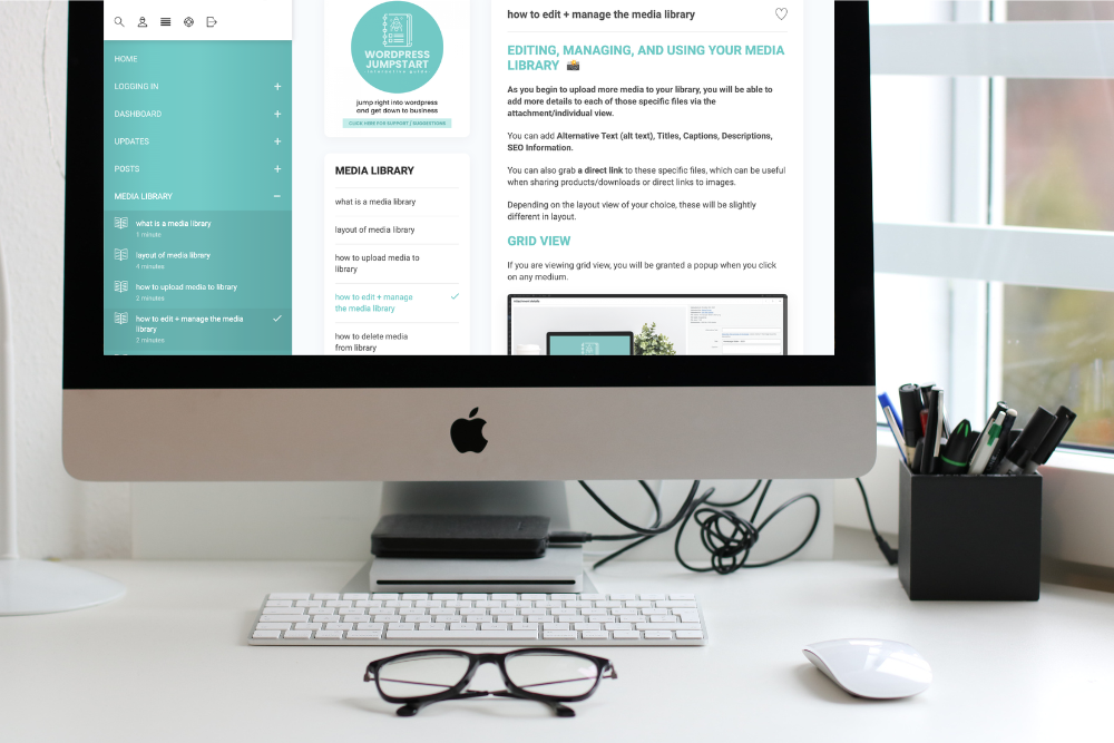 Image of a computer that displays the WordPress Jumpstart Guide, which teachers WordPress 101